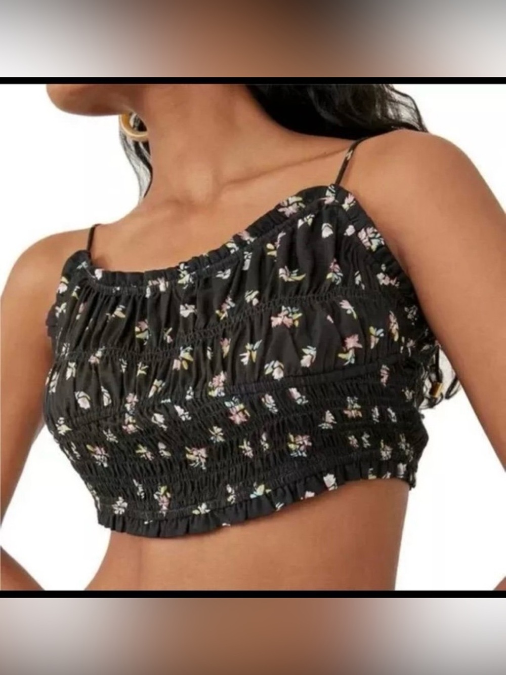 Free People Sz L Kaia Black Floral Smocked Crop Halter Boho Top Anthropologie